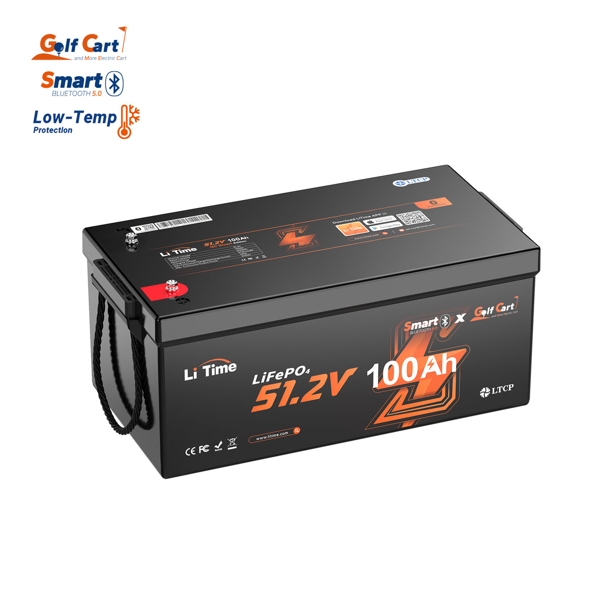 LiTime 48V 100Ah golf cart Bluetooth lithium battery with low-temperature protection for reliable all-day power