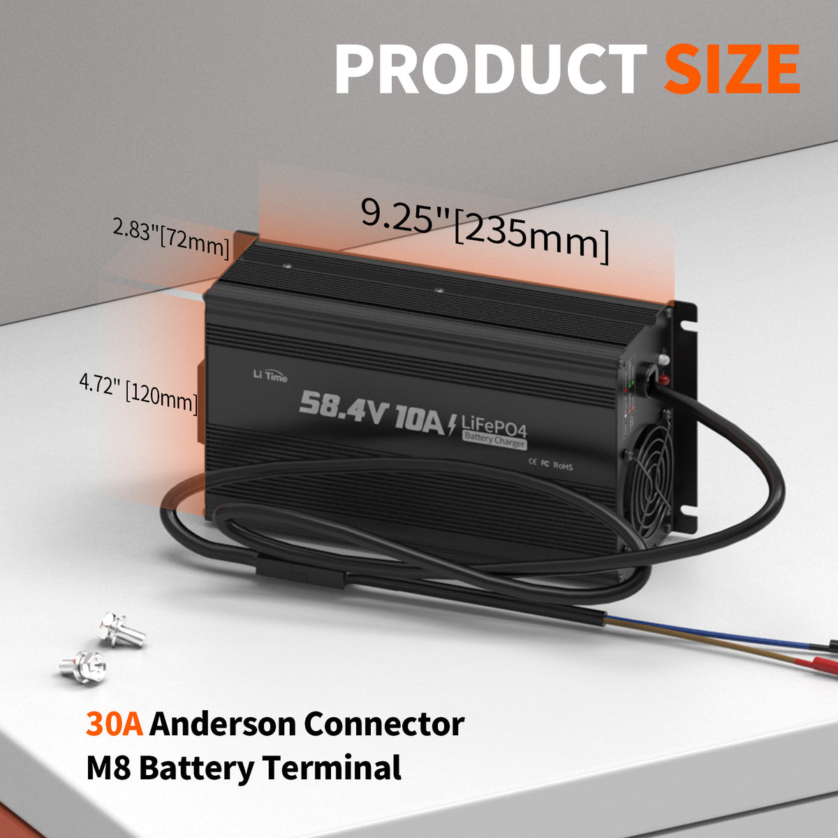 dimension information of litime 48 volt lithium battery charger 10a with anderson plug