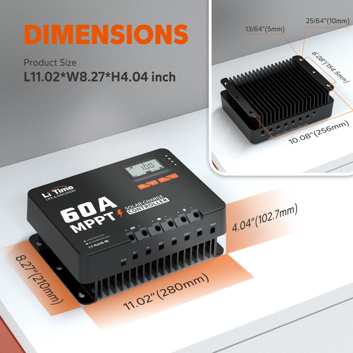 dimension information of litime 60a mppt solar charge controller 12v/24v/36v/48v