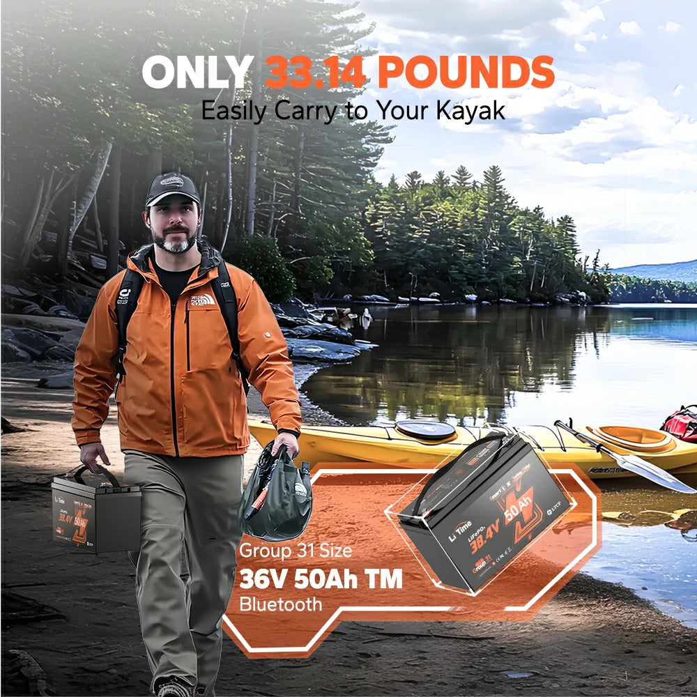 LiTime 36V 50Ah Bluetooth battery: lightweight at 33.14 lbs, easily portable for kayaks and outdoor adventures