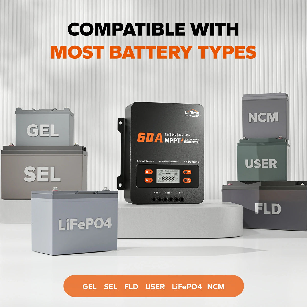 litime 60a mppt for most battery types, including lifepo4 and lead-acid batteries