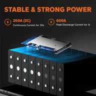 LiTime 51.2V 100Ah golf cart battery with stable power, featuring 200A continuous current and 600A peak discharge