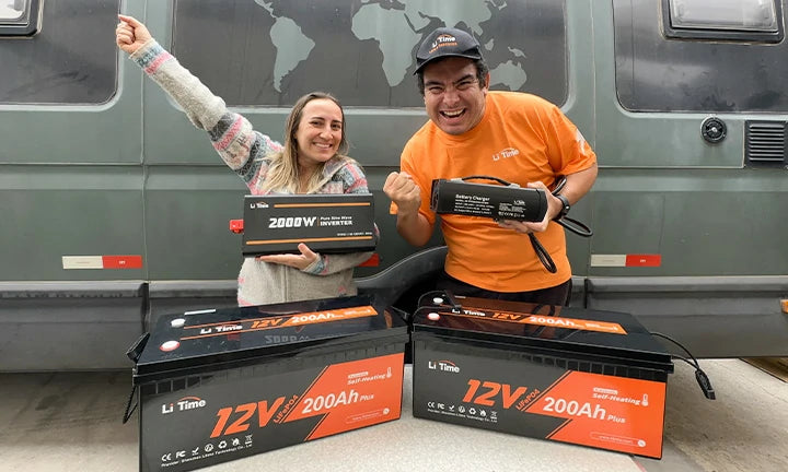 a man and woman celebrate with LiTime 12V batteries, showcasing their excitement for reliable power in their camper