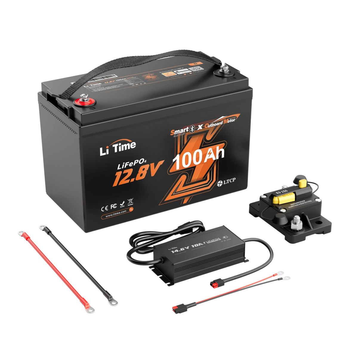 litime 12v 100ah outboard motor marine battery kit with 100Ah Bluetooth battery, 10a charger, 150A circuit breaker