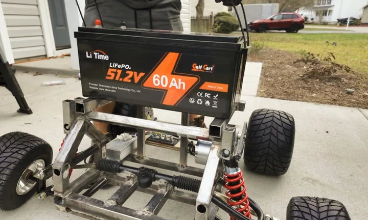 a LiTime 48V 60Ah battery is mounted on a metal frame, showcasing its installation for a litime lithium golf cart battery customer review