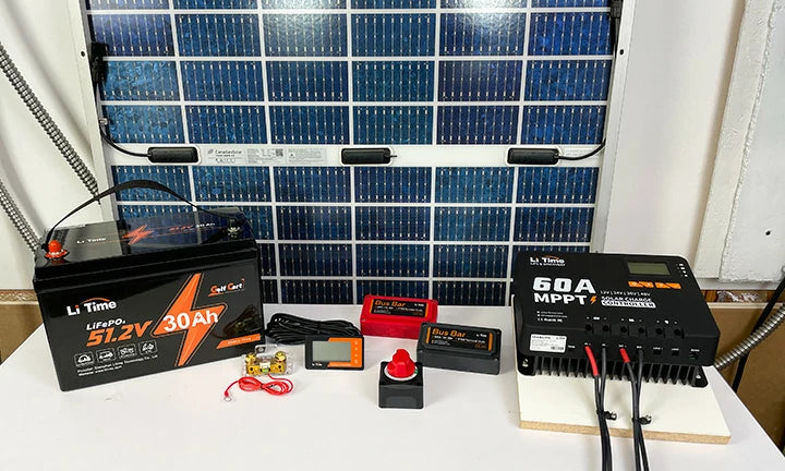 a LiTime 48V 30Ah battery, solar panel, and controller are displayed, showcasing a complete solar setup for golf carts