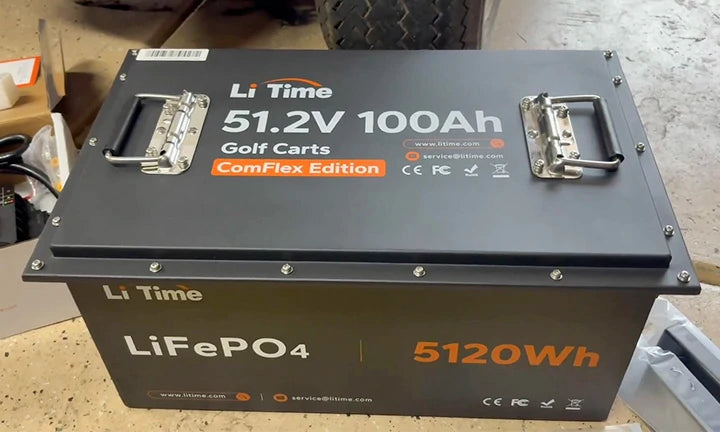 a LiTime 51.2V 100Ah battery is displayed, highlighting its features and design for a litime lithium golf cart battery customer review