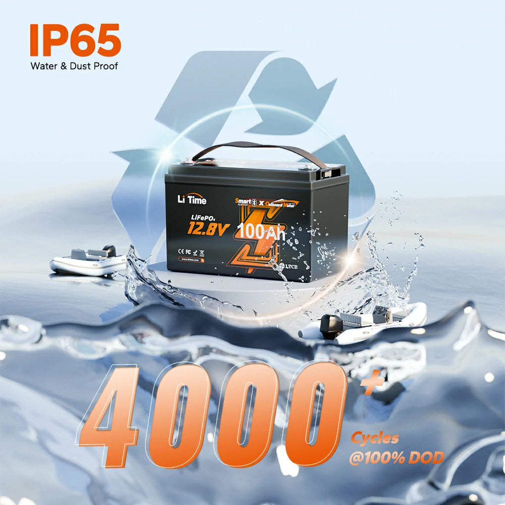 ip65 water& dust proof, 4000+ cycles @ 100%DOD feature of  litime deep cycle marine battery 12v 100ah for electric outboard trolling motor