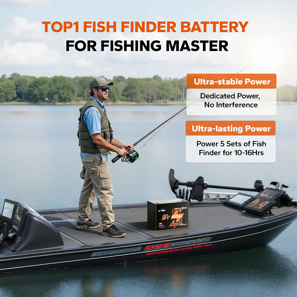 LiTime 16V 100Ah lithium fish finder battery: ultra-stable power for 10-16 hours, reliable performance on the water